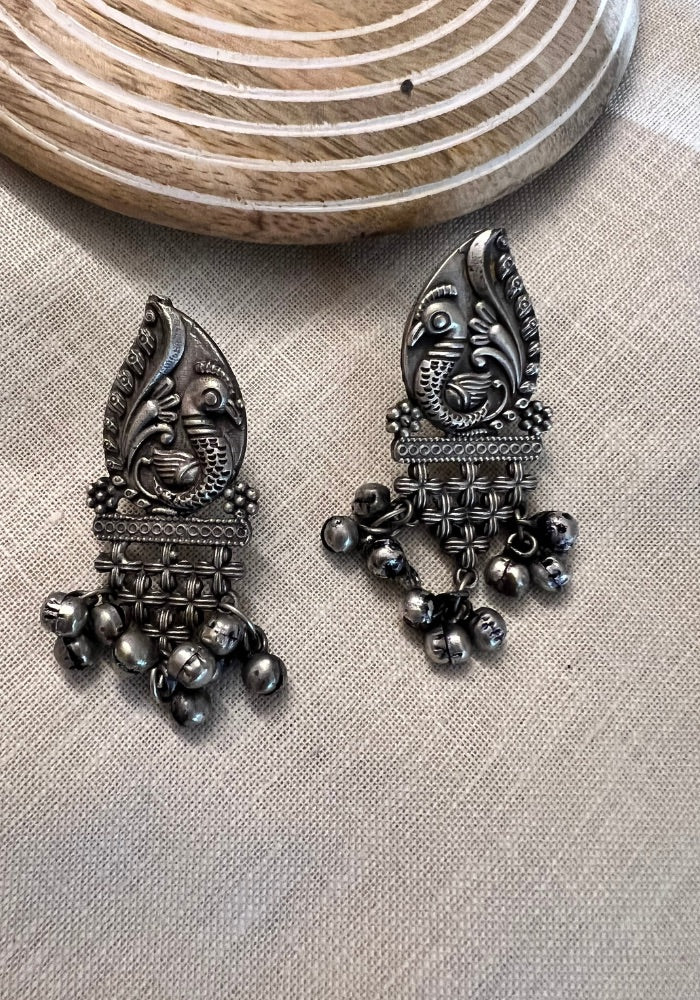 Purusha Oxidised Silver Peacock Motif Earrings