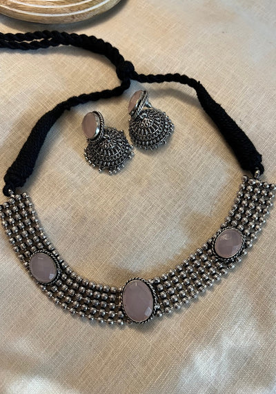 Purusha Oxidised Silver Pink Stone Necklace Set