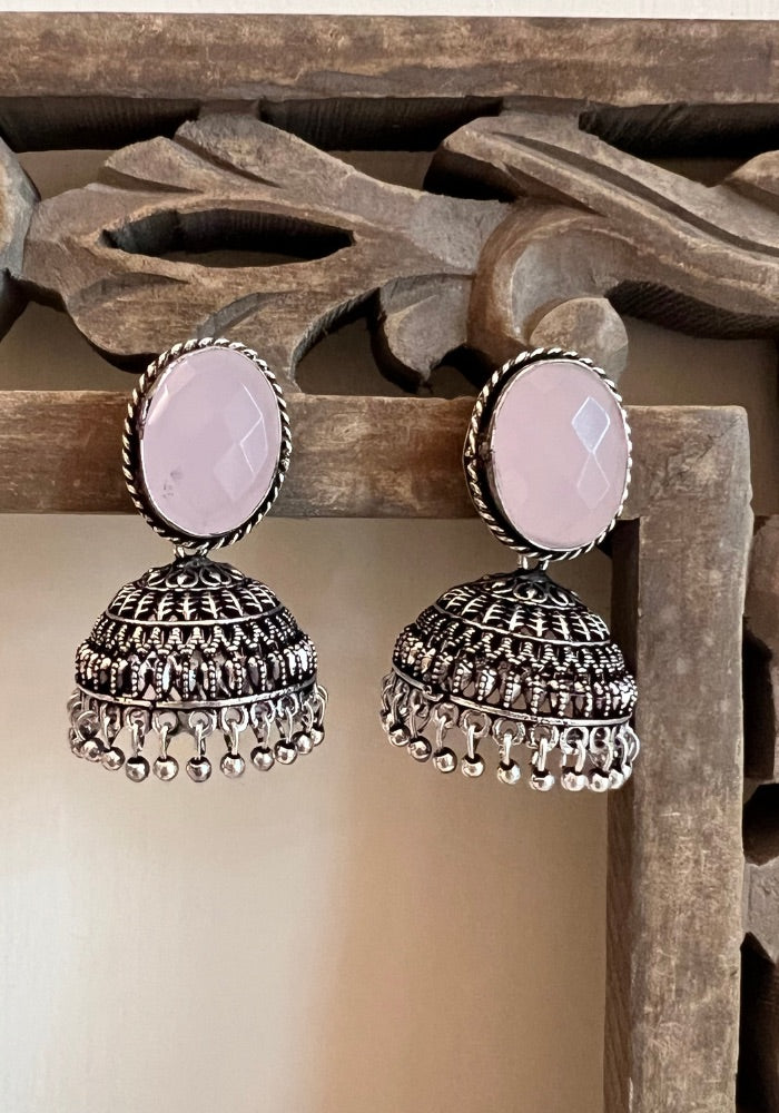 Purusha Oxidised Silver Pink Stone Necklace Set