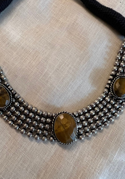 Purusha Oxidised Silver Tiger Eye Stone Necklace Set