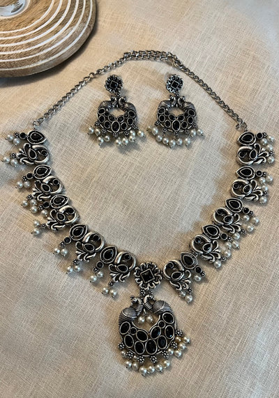 Purusha Oxidised Silver With Black Stones Necklace Set