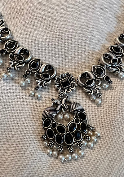 Purusha Oxidised Silver With Black Stones Necklace Set