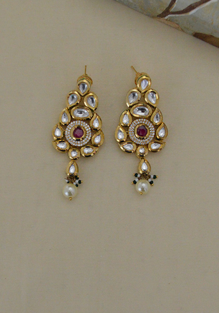 Gold Toned American Diamond Studded Kundan Earrings with Pearl Droplet
