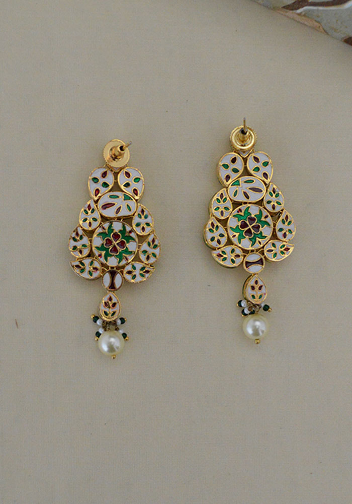 Gold Toned American Diamond Studded Kundan Earrings with Pearl Droplet