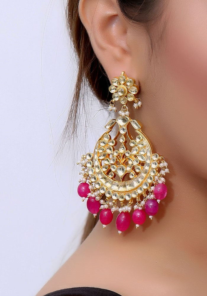 Gold Toned Kundan Chandbali Earrings with Ruby Colored Droplets