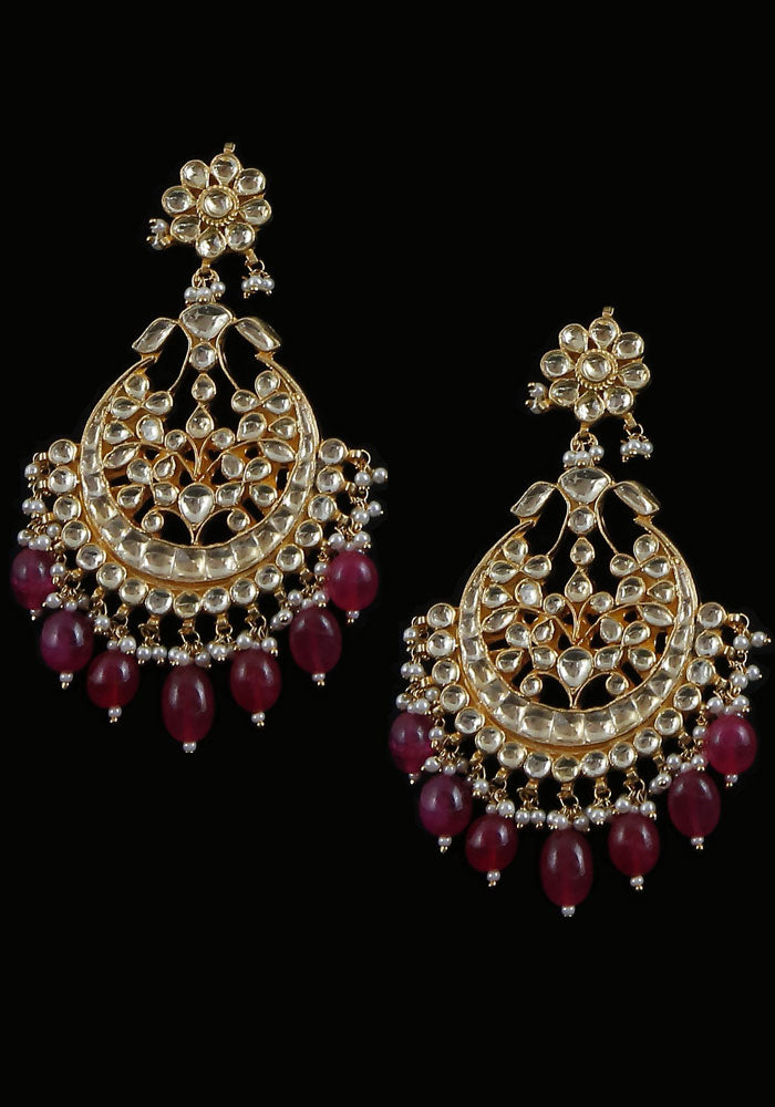 Gold Toned Kundan Chandbali Earrings with Ruby Colored Droplets