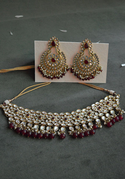 Red Gold Toned Kundan Necklace Set