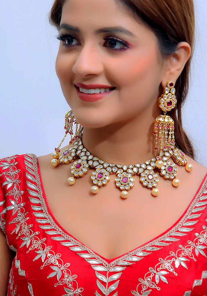 Red Gold Toned Kundan Necklace with Jhumkis