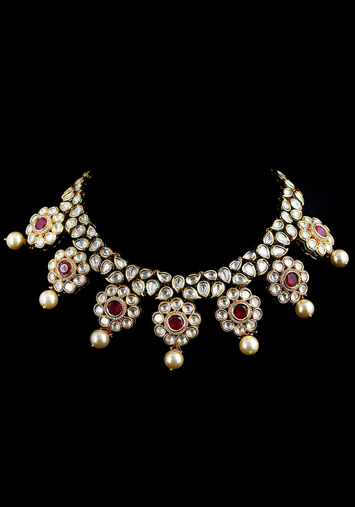 Red Gold Toned Kundan Necklace with Jhumkis