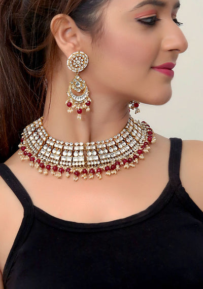 Red Gold Toned Kundan Necklace
