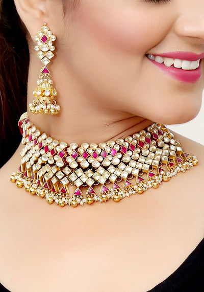 Red Gold Toned Polki Choker with Golden Droplets and a Pair of Earrings