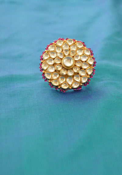Red Outlined Gold Toned Polki Ring