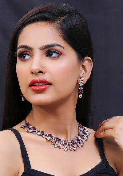 Red White Toned Rhodium Plated American Diamond (Zircon) Necklace with Semi Precious Stones and a Pair of Earrings