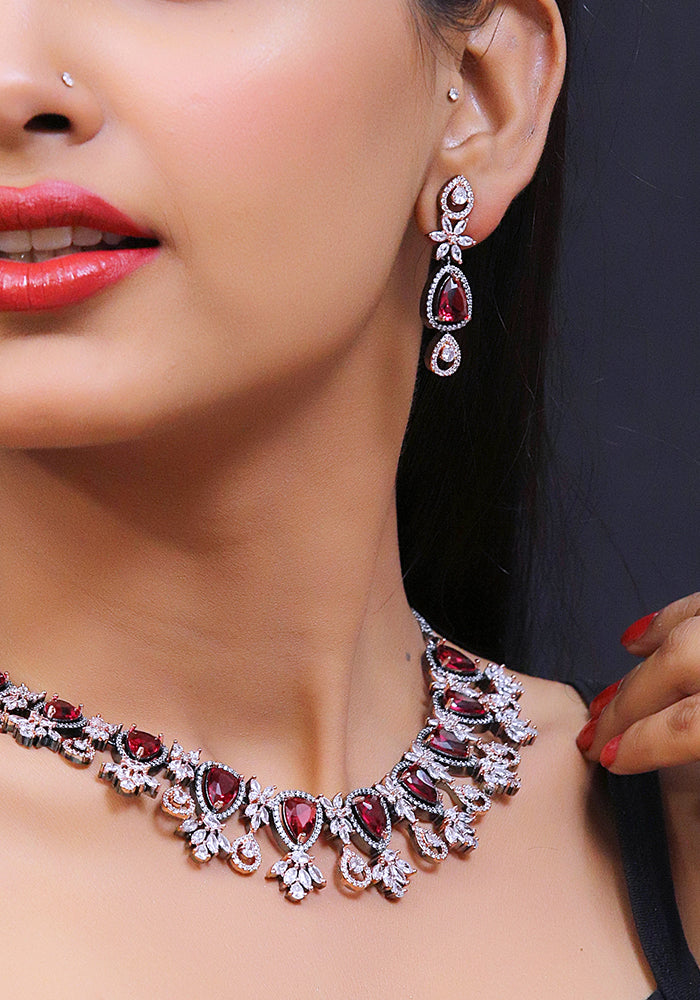 Red White Toned Rhodium Plated American Diamond (Zircon) Necklace with Semi Precious Stones and a Pair of Earrings