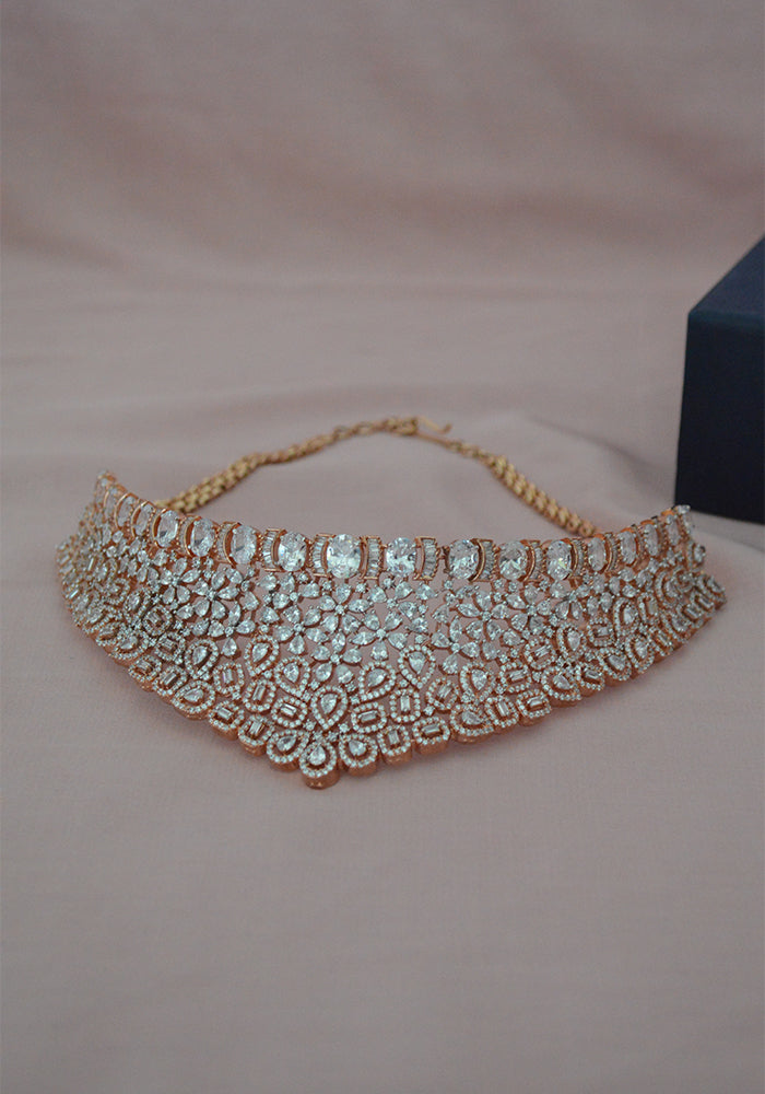 Rose Gold Plated American Diamond (Zircon) Choker with a Pair of Earrings