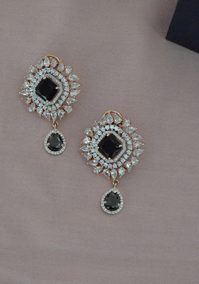 Rose Gold Toned American Diamond Earrings with Black Stone
