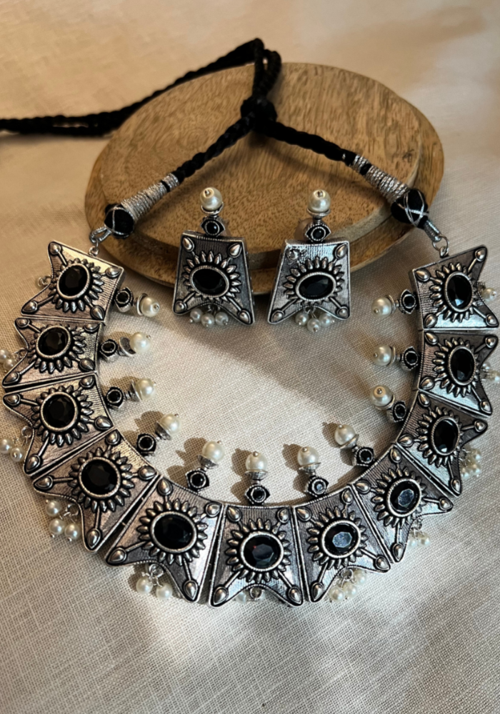 Purusha Oxidised Silver Necklace Set With Black Stones White Droplets