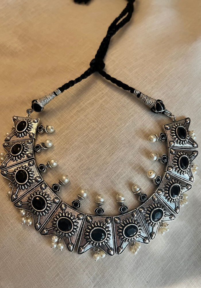 Purusha Oxidised Silver Necklace Set With Black Stones White Droplets