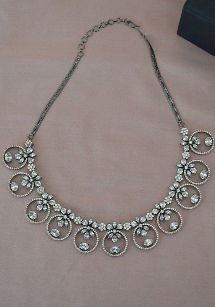White Balck Toned Rhodium Plated American Diamond (Zircon) Necklace with a Pair of Earrings