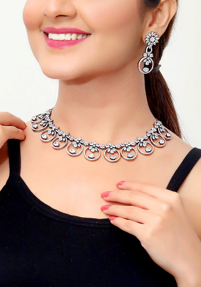 White Balck Toned Rhodium Plated American Diamond (Zircon) Necklace with a Pair of Earrings